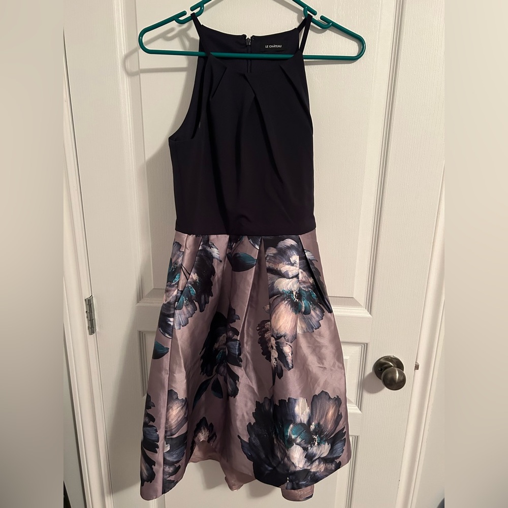 le chateau Black Bodice Floral Satin Skirt Dress